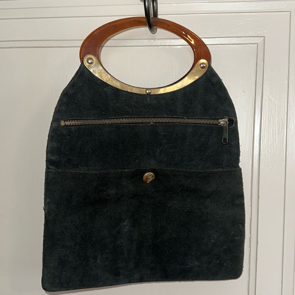 Vintage 60s/70s Walborg black suede leather purse and with brown plastic handle‎